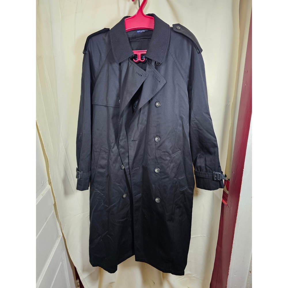 Chaps Mens Black Double Breasted Trench Coat Removable Liner 46L RN 117688